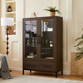 60'' Tall Display Cabinet with Tempered Glass Door, LED Lighting, Two Drawers, Modern Style Storage Cabinet for Living Room, Office & Study, Waln