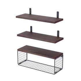 2 In 1 Floating Shelves Wall Mounted with Storage Basket Bathroom Shelves Over Toilet Wooden Shelves for Bedroom Living Room Kitchen Office Wall