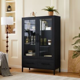 60'' Tall Display Cabinet with Tempered Glass Door, LED Lighting, Two Drawers, Modern Style Storage Cabinet for Living Room, Office & Study, Blac