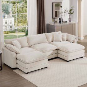 Oversized Modular Cushion Sofa with Ottomans, Comfy Upholstered U Shaped Convertible Corner Sectional Sofa Couch, Light Beige Corduroy