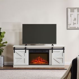 Fireplace TV Stand for Television up to 65 Inch with Storage and Farmhouse Sliding Barn Doors, Entertainment Center with Cabinet and Shelves,Whit