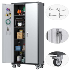 72 Inch Garage Storage Cabinet With Pegboard And Wheels, 4 Hooks And 4 Adjustable Shelves, Lockable Rolling Cabinet, Home, Office, Garage (Option: Black Gray)