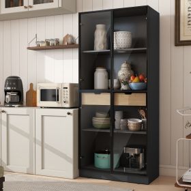 Display Cabinet with Glass Doors, Tall Storage Cabinet with 3 Color Lights, Curio Display Case with 4-Tier Storage Shelves and Drawer for Collect (Main Color: Black, Main Material: Engineered Wood)