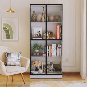 Display Cabinet with Glass Doors, Tall Storage Cupboard, Freestanding Curio Display Cabinet with 4-Tier Storage Shelves for Collectibles, Living (Main Color: White, Main Material: Engineered Wood)