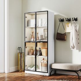 Display Cabinet with Glass Doors, Tall Storage Cabinet with 3 Color Lights, Curio Display Case with 4-Tier Storage Shelves and Drawer for Collect (Main Color: White, Main Material: Engineered Wood)