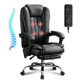 Massage Office Chair with Heat and 6 Vibration Points,Executive Office Chair with Foot Rest and Padded Armrests,Reclining Backrest and Wheels (Main Color: Black, Main Material: Leather)
