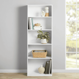 5-Shelf Bookcase with Adjustable Shelves, White (Color: White)